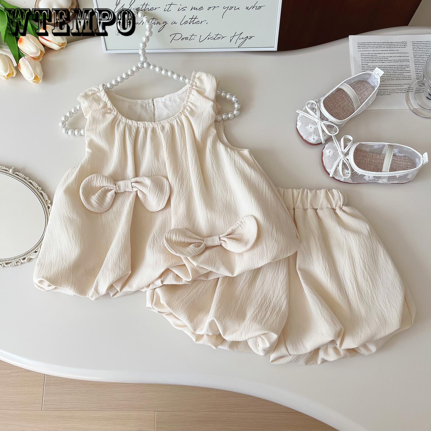 

Girls Summer Set Korean Bow Sleeveless Vest+shorts Set 90 бежевый