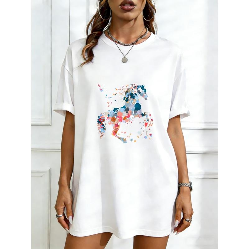 

Oversized T Shirt Dress Black Abstract Horse Print Casual Streetwear Style For Women XXXXL білий