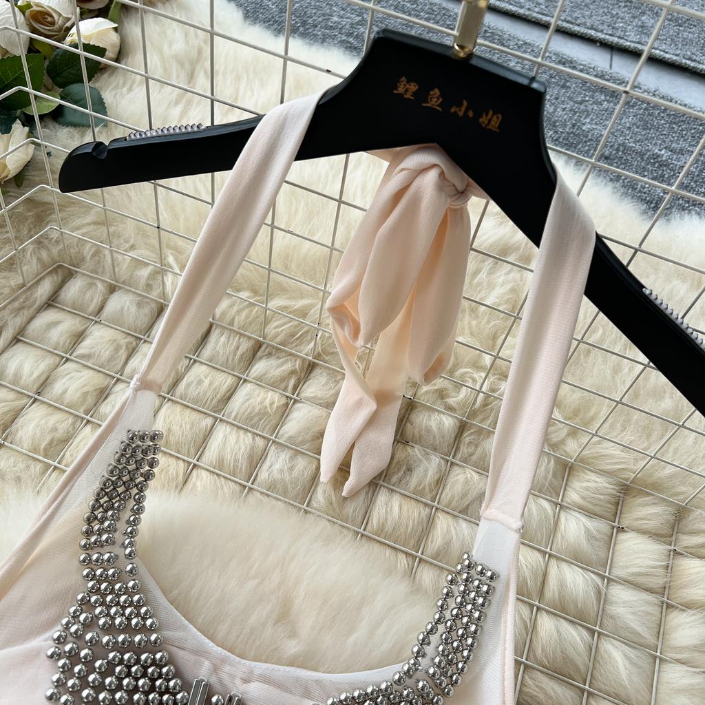 Summer Women Sexy Halter Open Back Luxury Beading Metal Fold Lace Evening Party Slim Long Maxi Dresses