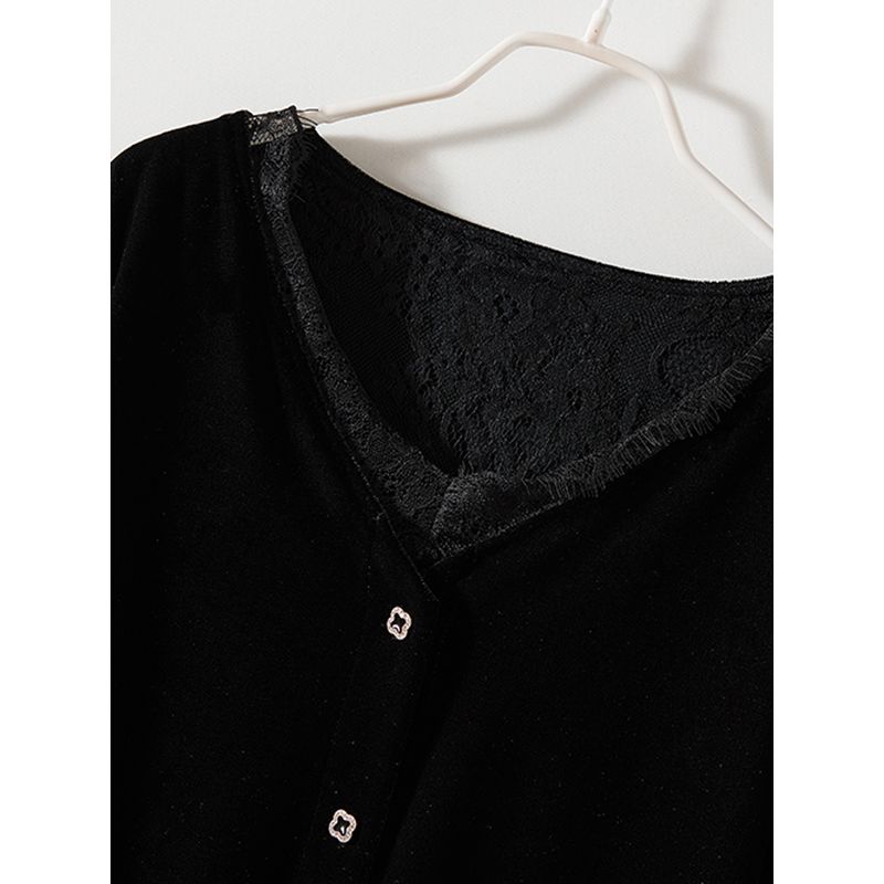 French Style Foreign Trade Order Soft Shirts! Women Eyelash Lace Stitching Fake Two Pieces V-neck Real Velvet Long Coat Autumn and Winter