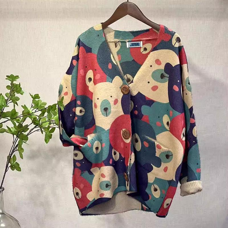 

DIMANAF Новинка 2023 года, осенние свитера больших размеров, кардиган большого размера, женские свитера с цветочным принтом и мультяшным принтом, вязаный свободный свитер One Size