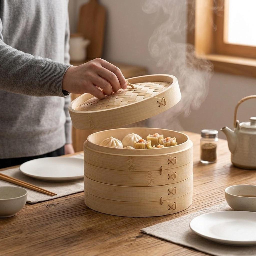 2-Laags Bamboe Stoommandjes Dumpling Stoommandjes Thuisgebruik Grote Capaciteit met Deksel Broodjes Herbruikbaar Rond