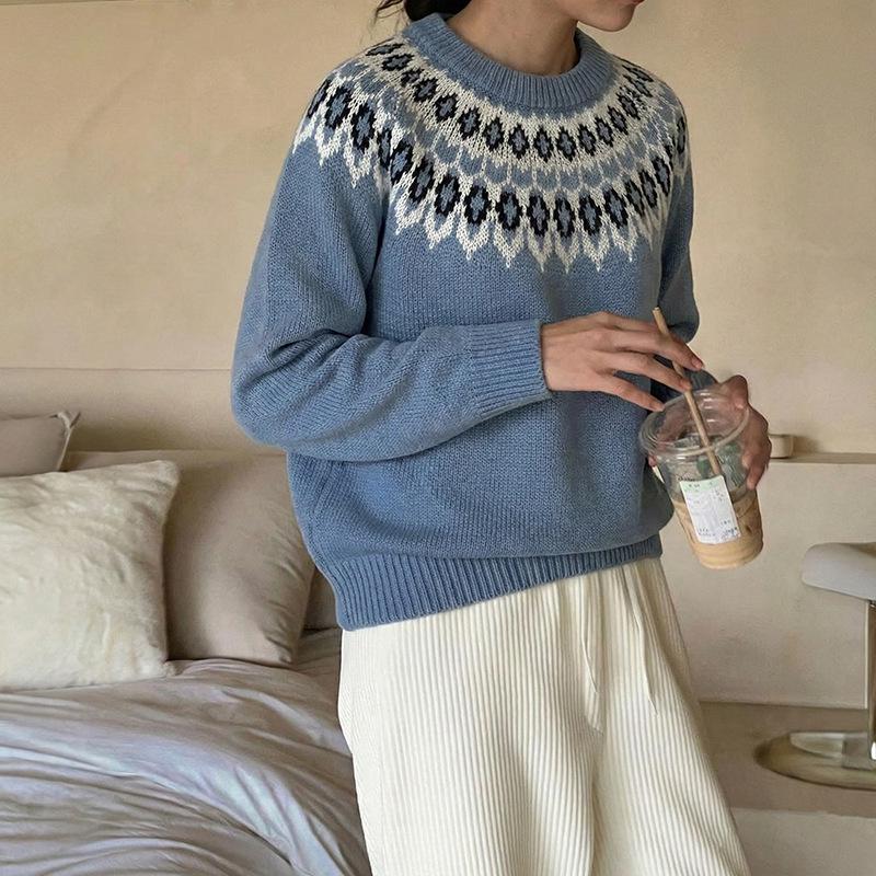 2026 Retro Ethnic Style Fair Isle Knit Sweater – Women's Loose Long Sleeve Round Neck
