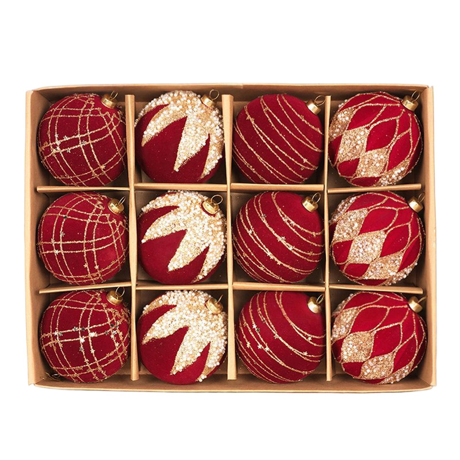 Set of 12 Decorative Christmas Baubles with Assorted Patterns and Glitter Detailing for Holiday Tree Ornamentation One Size