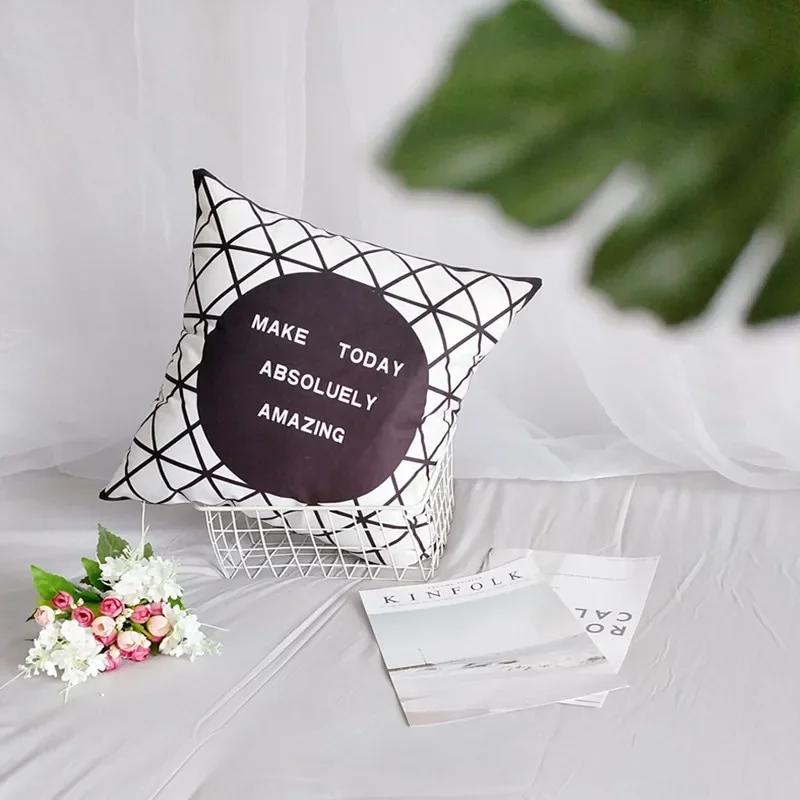 Nordic Pink Girls Geometry Polyester Plush Pillowcase Letters Pink Feather Super Soft Thick Sofa Pillow Cushion Cover Home Decor