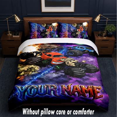 Monster Truck Theme Custom Text Or Name 3Pcs Bedding Set,1 Flat Sheet & 2 Pillowcases Personalized Home Bedding