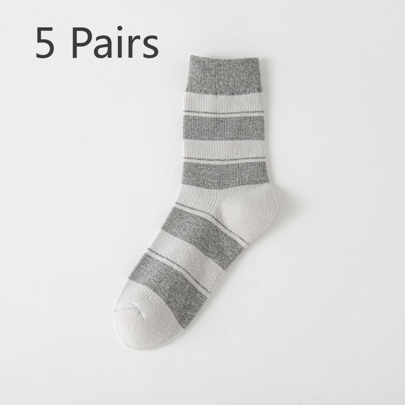 5 Pairs of Women's Autumn and Winter Trendy and Versatile Casual Cotton Striped Mid Calf Boneless Pile Socks
