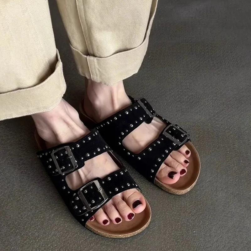 

Retro Platform Slippers for Women s Outward Wear Summer New Round Toe Open Toe Studded One-line Buckle Flat Shoes 35 чорний