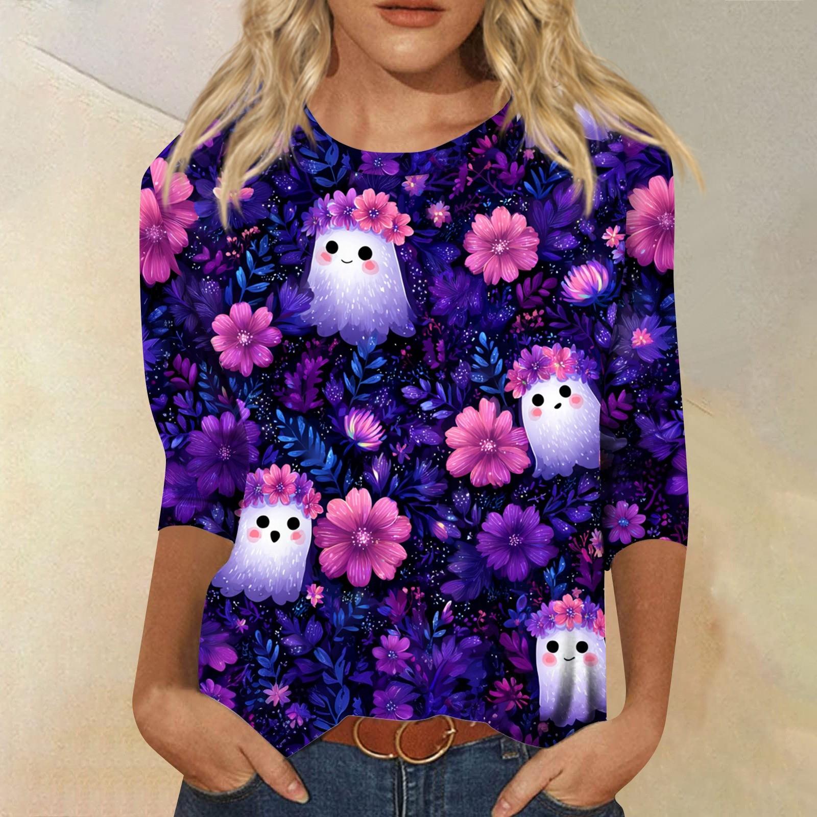 

Женские топы Рубашка с рукавом три четверти V-образный вырез Свободная повседневная рубашка Футболка с принтом XXXL