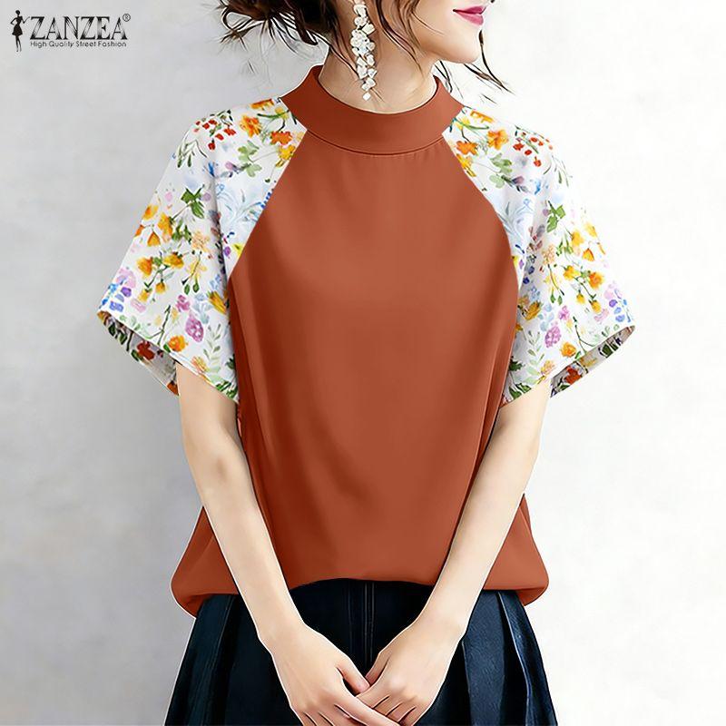 ZANZEA Women Casual Stand Collar Print Splice Half Sleeve Summer Blouse