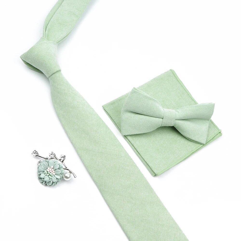 Solid Color Cotton Necktie Set For Men Tie 4pcs Hanky Cufflinks Rhinestone FLoral Brooch Tie Set