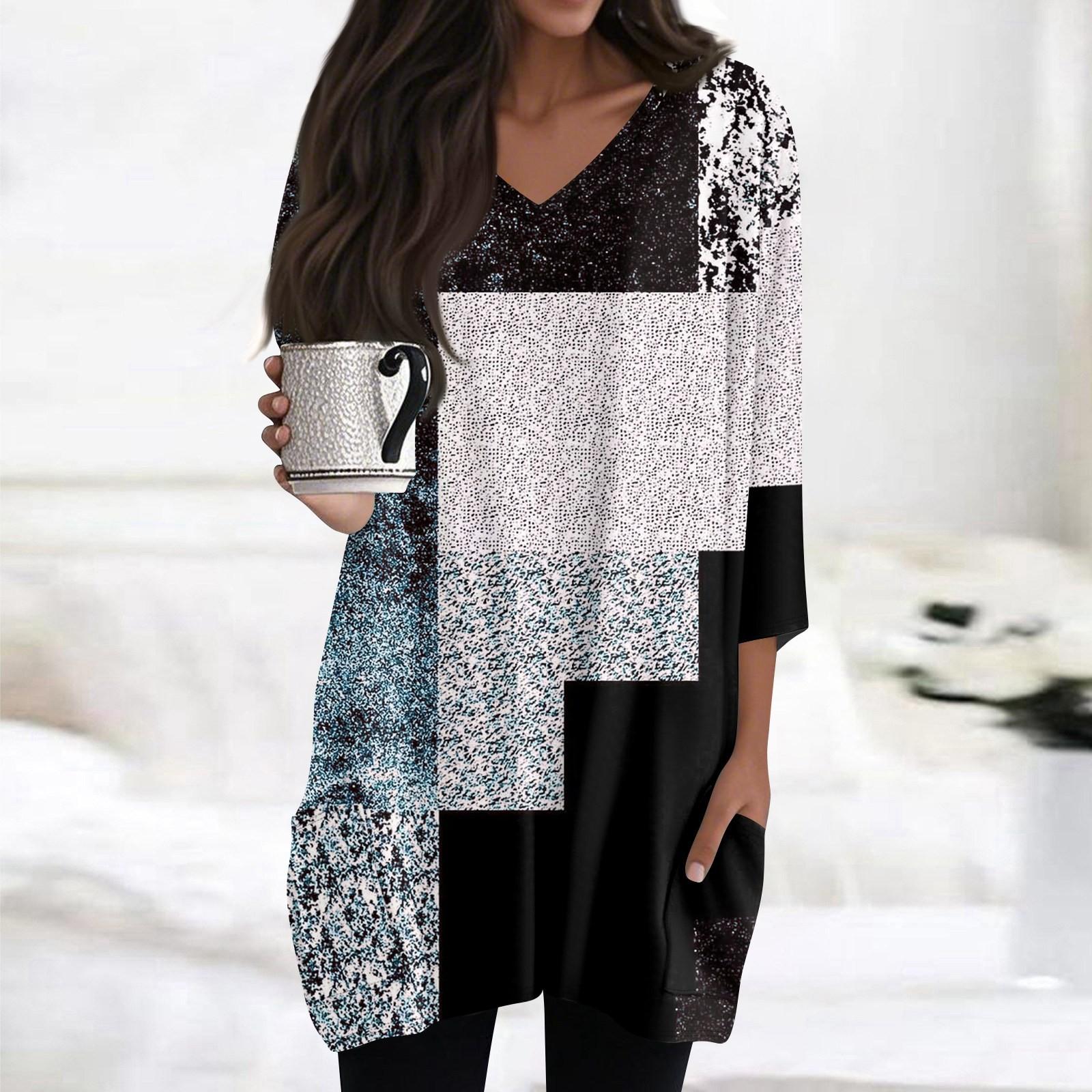 

Женские топы с V-образным вырезом и рукавом 3/4 Блузки Повседневные рубашки средней длины Модные принты Туники Топы с карманами S синий