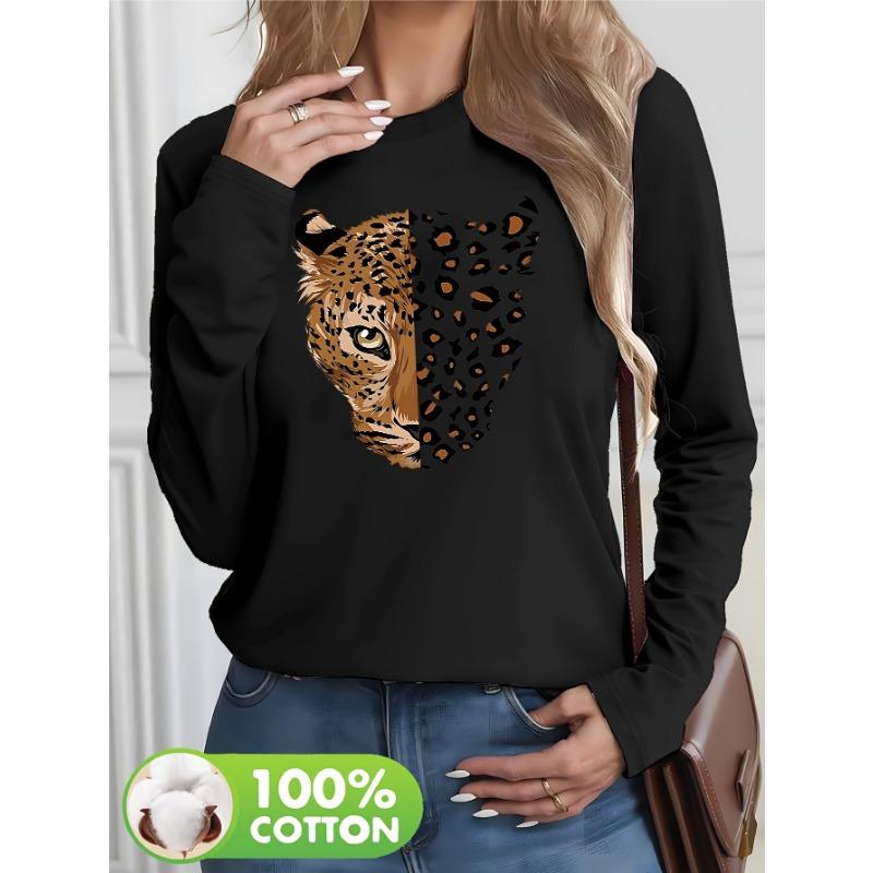 Hip Hop Women'S Casual Long Sleeve T-Shirt Artistic Tiger Leopard Print 100% Cotton Round Neck Casual Wear Autumn Winter Tee