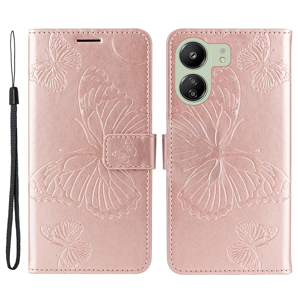 

For Xiaomi Redmi 13C 4G/13C 5G/13R 5G/Poco M6 5G/Poco C65 4G Wallet Case Floral Butterfly Imprinted Leather Phone Cover Stand Rose Gold