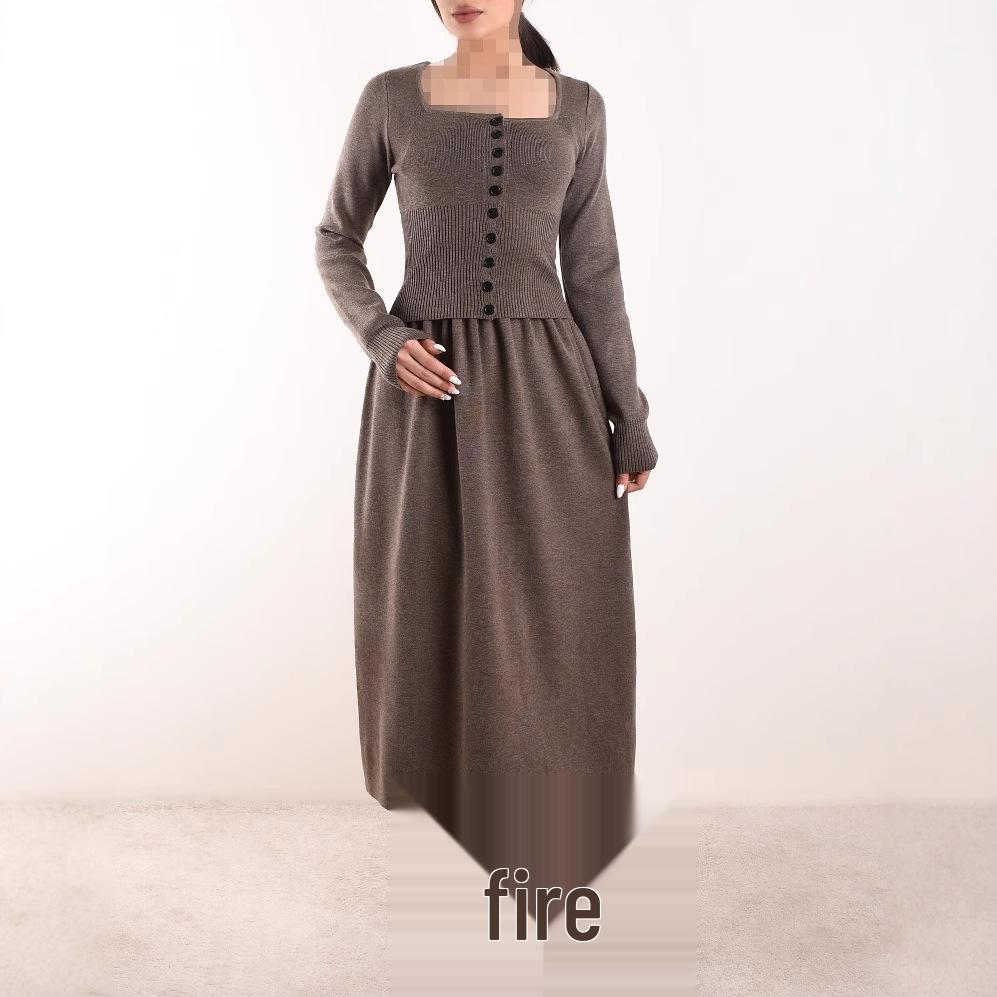 

Комплект женский вязаный топ с квадратным вырезом и эластичная юбка А-силуэта на осень 2024 года Medium серый