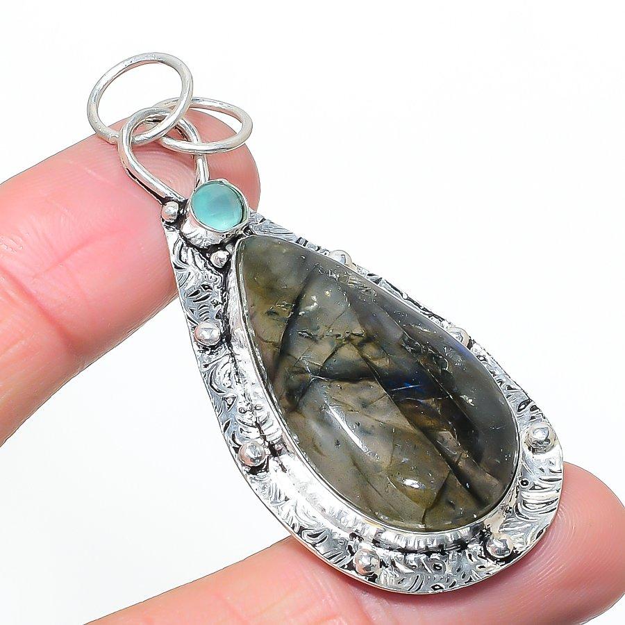 Natural Labradorite, Chalcedony 925 Sterling Silver Jewelry Pendant 2.60  AP-14538