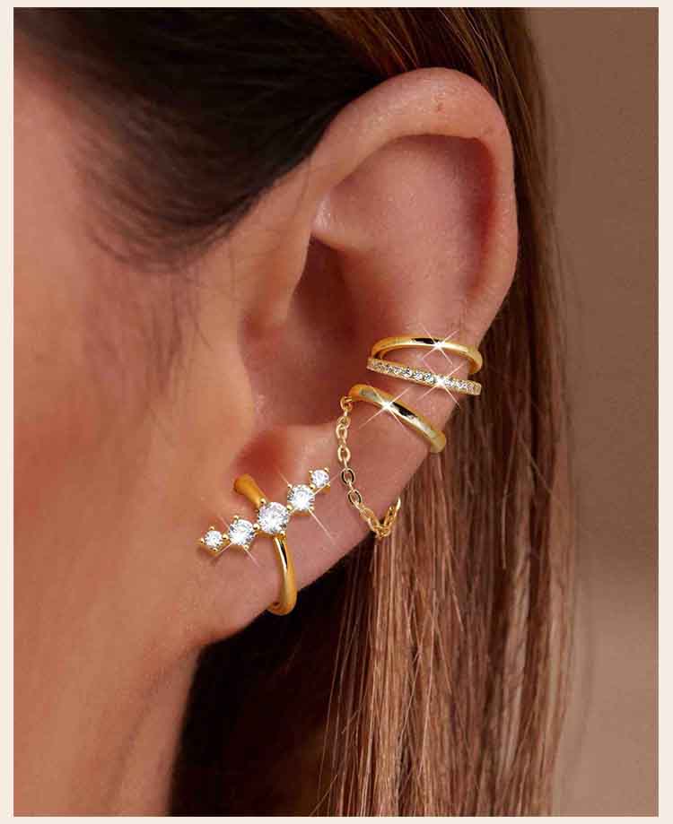 Ear Cuffs for Women, 3pcs Round Zircon Cartilage Clips, Tassel Chain No Piercing Minimalist Jewelry