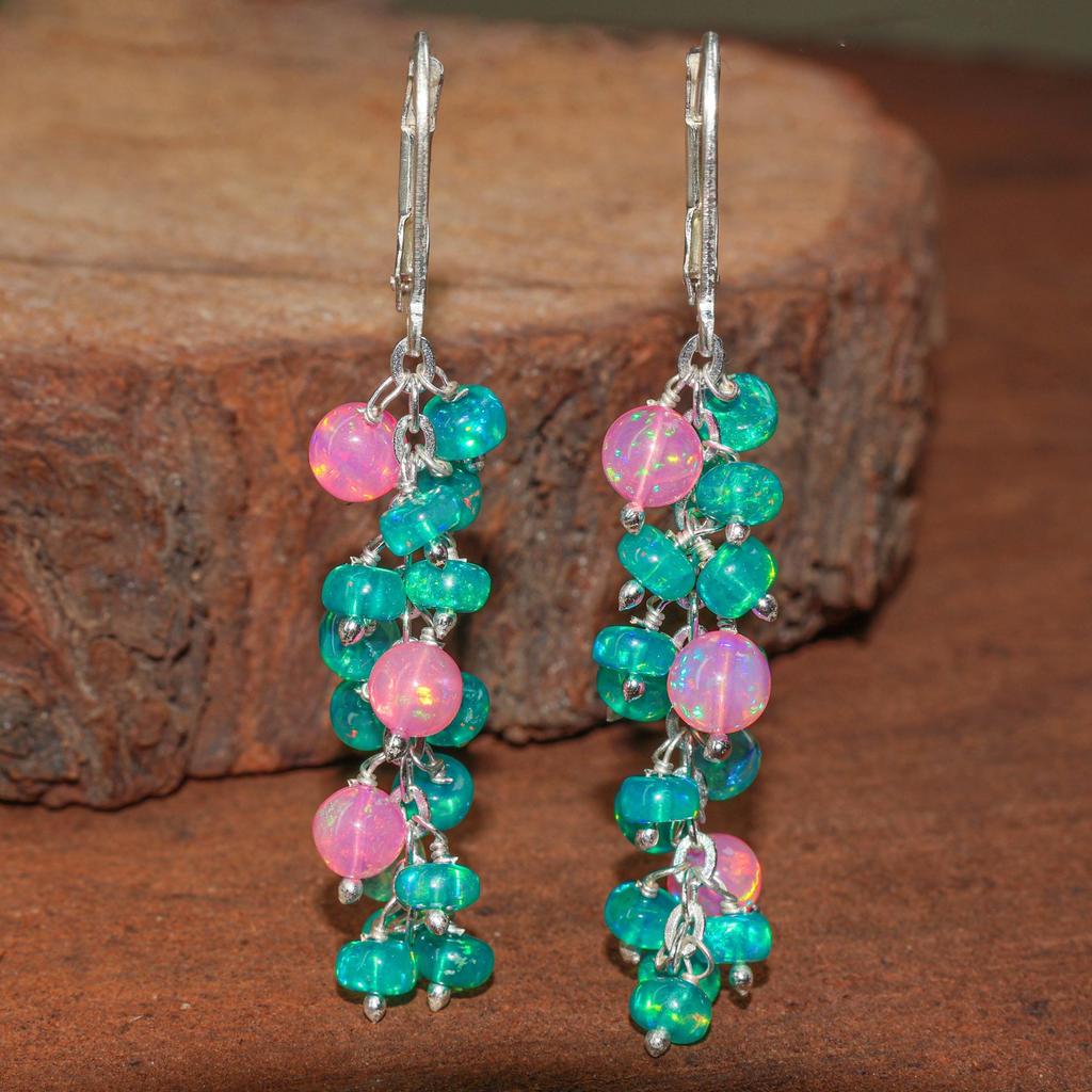 Fire Opal Cluster Earrings: Green Pink Ethiopian Opal, Sterling Silver