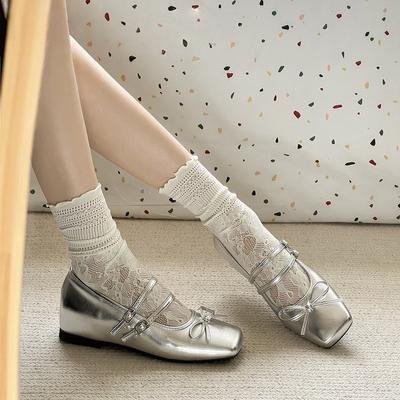 French Ballet Flat Shoes Summer New with Skirt Light Mouth Single Shoes Silver Mary Jane Shoes