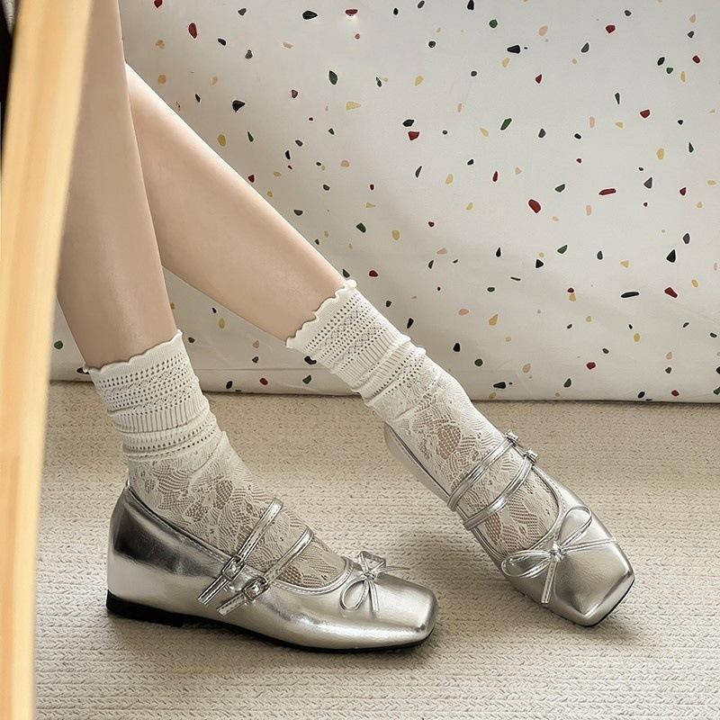 French ballet flat shoes summer new with skirt light mouth single shoes silver Mary Jane shoes