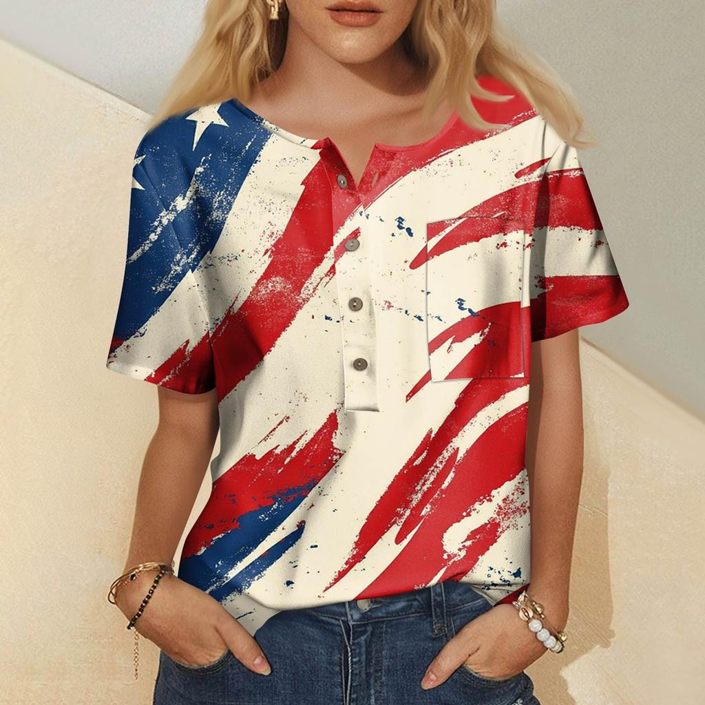 Modna damska bluzka z krótkim rękawem i nadrukiem, okrągłym dekoltem