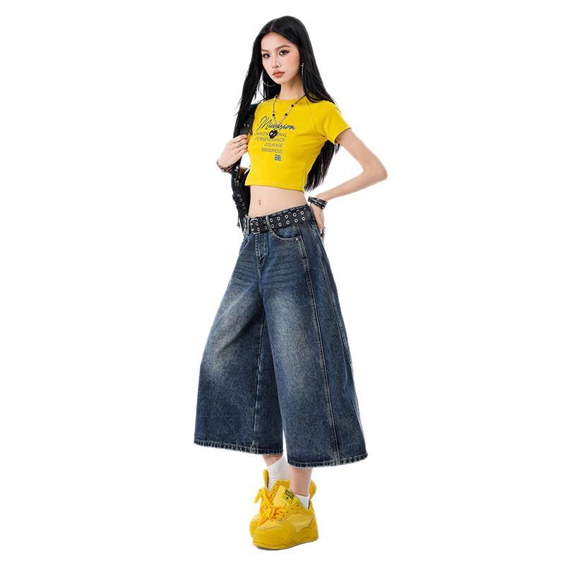 Spring and Summer New American Loose Wide-leg Eight-point Jeans Women's High-waisted and Thin Retro Seven-point Medium Pants