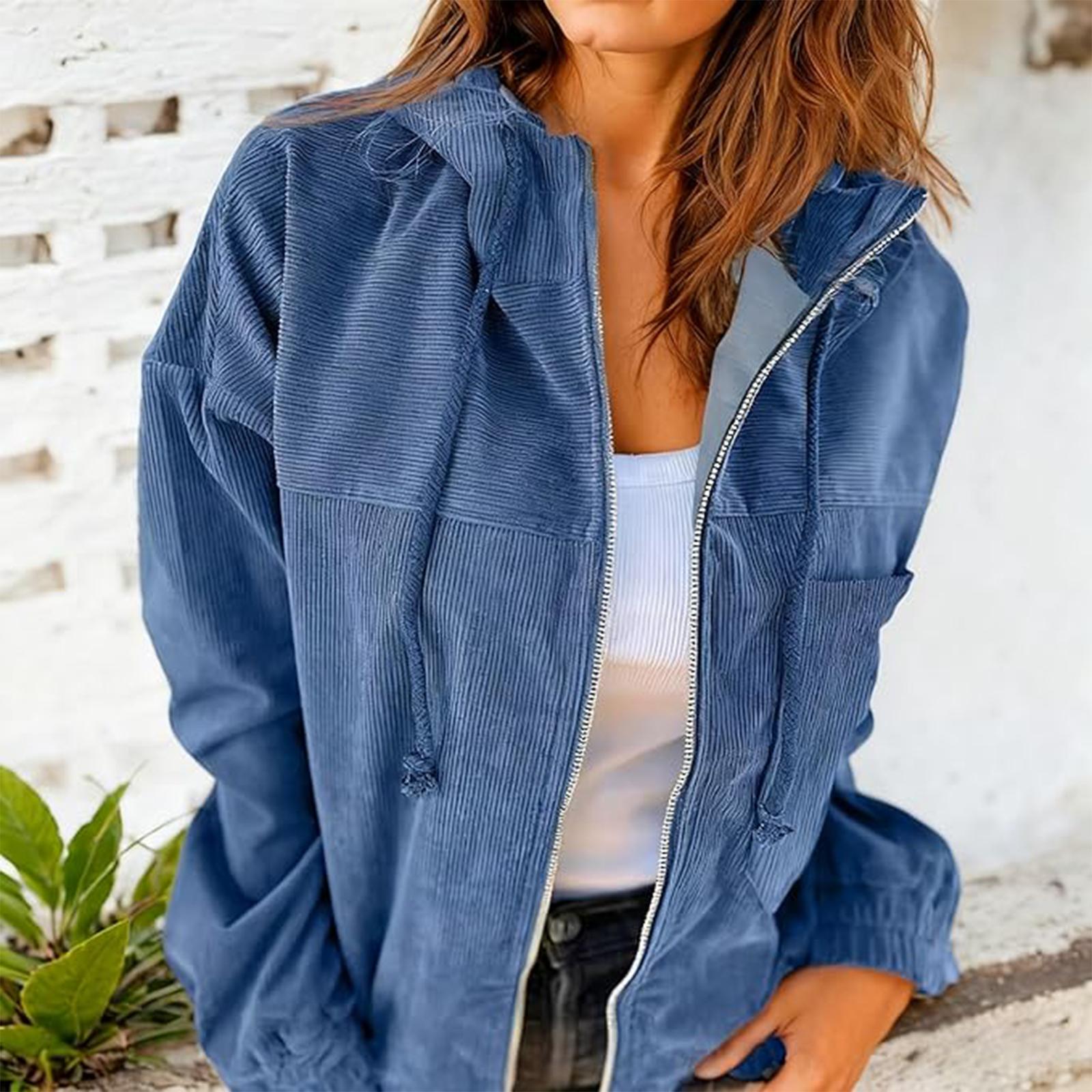 Women s Loose And Comfortable Color Jacket Corduroy Hooded Long Sleeved Jacket L