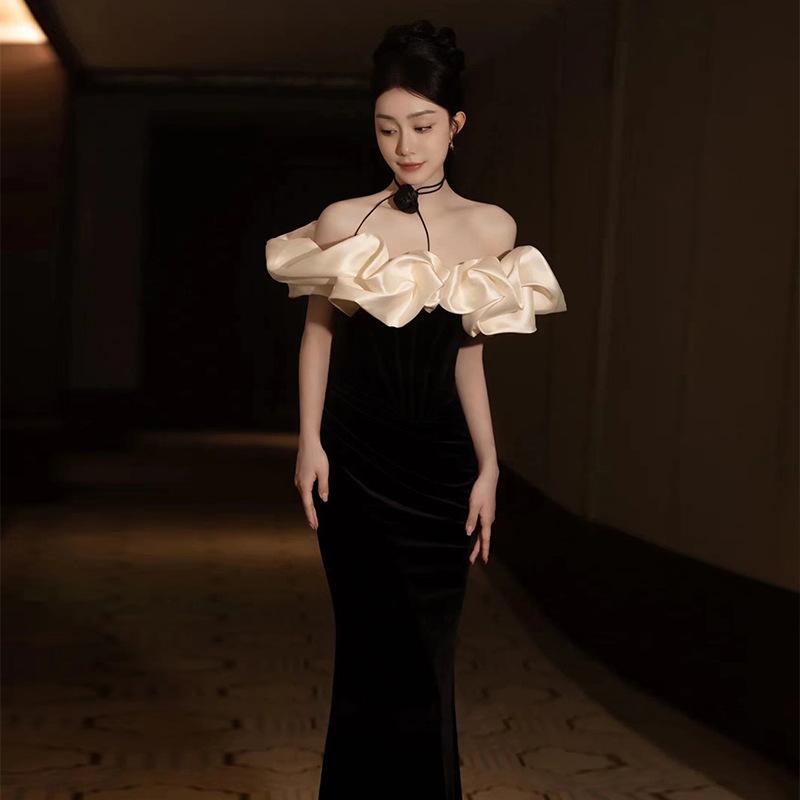 Black One-word Shoulder Evening Dress, Femininity, High-end Fishtail, Advanced Sense, Adult Ceremony Banquet Dress, Light Luxury Niche
