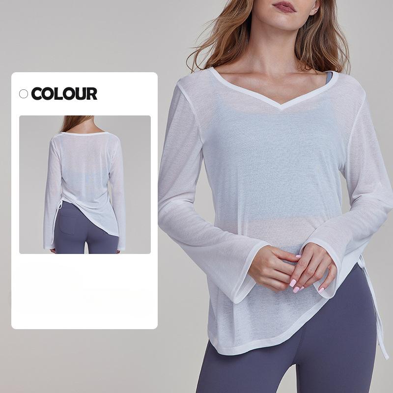 

Халат для йоги, с длинными рукавами, закрывающий бедра, женская плиссированная футболка с завязками, свободная и повседневная осенняя одежда для фитнеса и йоги XL белый