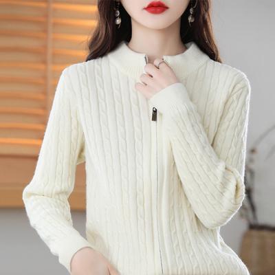 Semi-high Neck Knitted Zipper Cardigan for Women's Spring and Autumn New Thick Drawstring Long-sleeved Knitted Sweater Coat