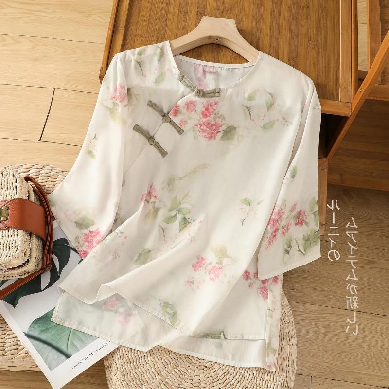 

Womens Floral Print Traditional Frog Button Blouse L бежевый