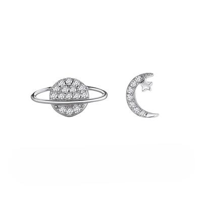 S925 Silver Asymmetrical Star And Moon Stud Earrings Fashion Compact Planet Earrings Niche Exquisite Saturn Earrings