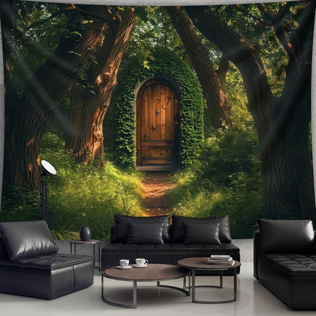 Enchanted Forest Door Tapestry Hobbit Hole Nature Landscape Wall Hanging Fantasy Decor Living Room Art Print