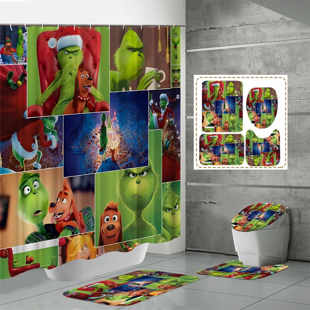 Christmas Waterproof Polyester Shower Curtain Mat Set Of Four