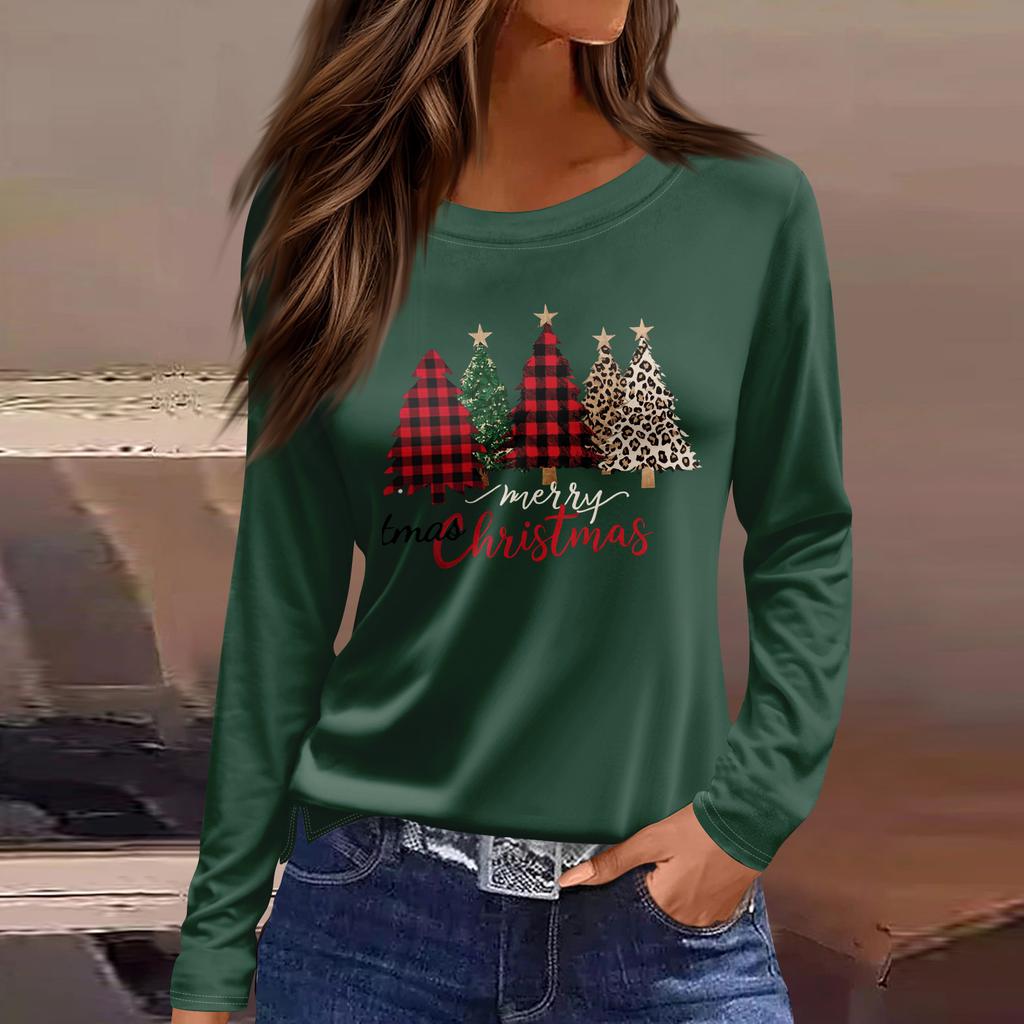 Women's Fashion Casual Slit Hem Round Neck Long Sleeve Loose Printed T-Shirt Ladies Top