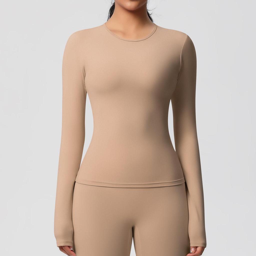 Women's Solid Color Double-Sided Sanded Long Sleeve Training T-Shirt for Running, Fitness, and Yoga