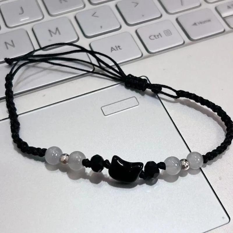 New Wine Red Cat Beaded Couple Bracelets Handmade Adjustable Braided Cord Minimalist Moonstone Obsidian Jewelry for Men Women