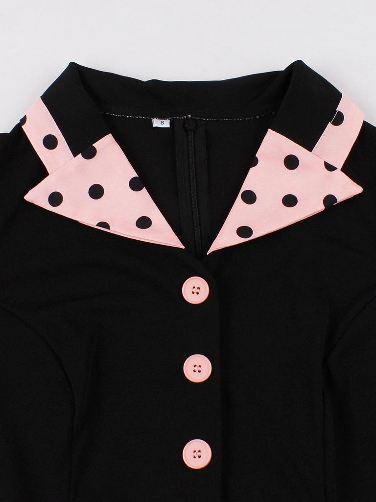 Retro Colorblock Polka Dot Short Sleeve Dress with Turn-Down Collar - Elegant Spring/Summer Style