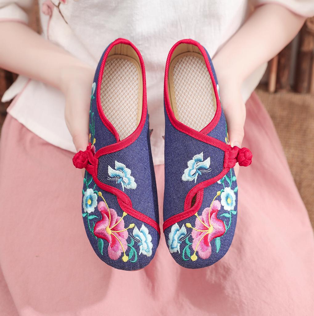 Prunkwinde Prunkwinde Blume Stickerei Blume runder Kopf Frühling und Herbst Damenschuhe Einzelne Schuhe Canvas bestickte Stoffschuhe