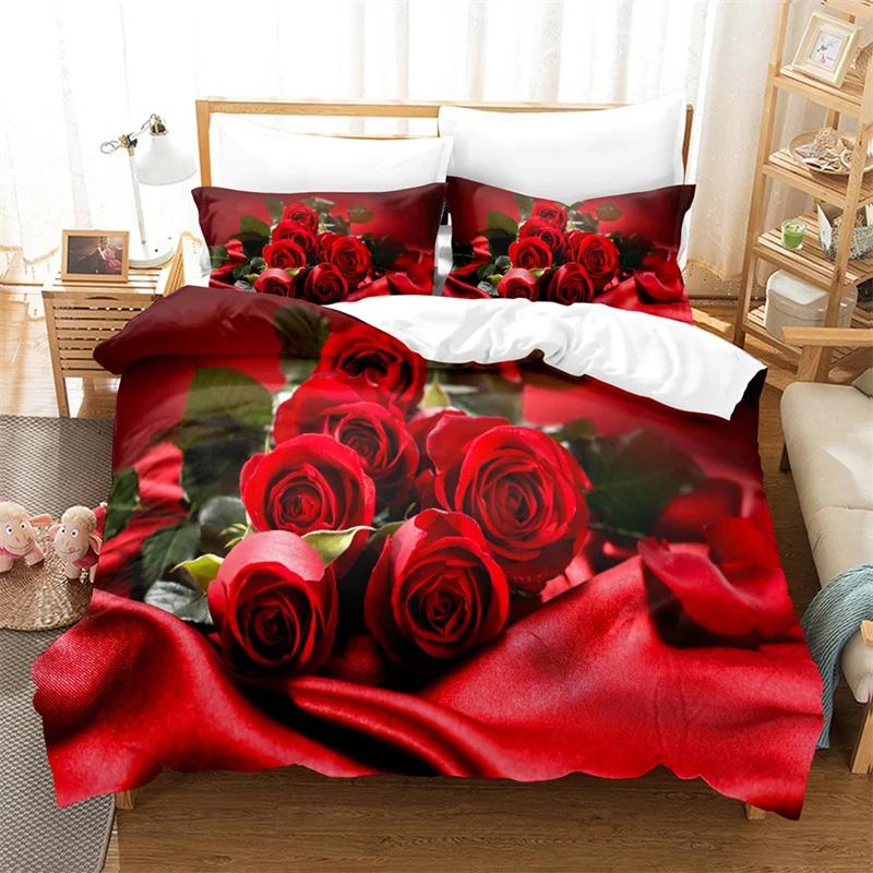 Red Flower Full Size Duvet Covers Rose Quilt Cover 200X230Cm Bedding Set 3Pcs 2Pcs 210X210Cm King Queen Single Double Bed