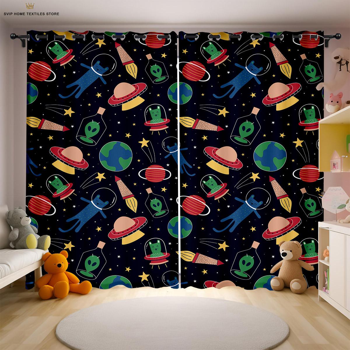 

Шторы с принтом «Мультяшный космический астронавт» для детской комнаты, подходят для спальни, гостиной, кабинета, декоративные W50X130H(CM)X2PCS&Rod pocket