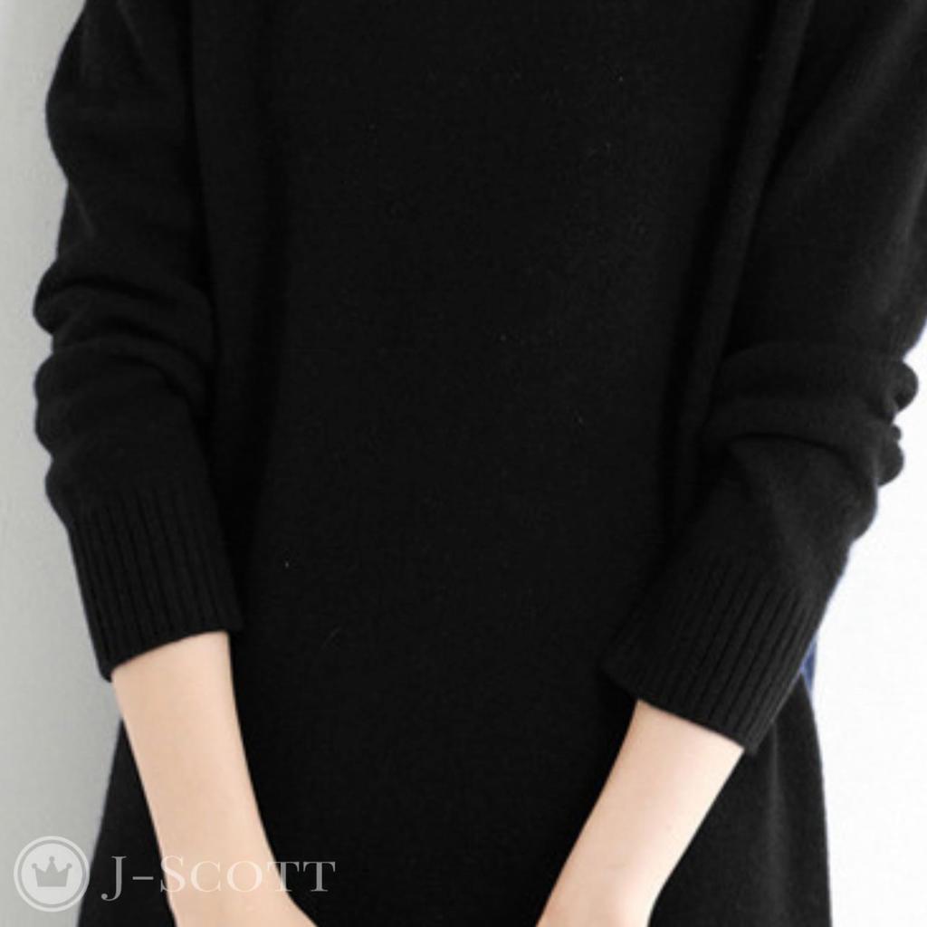 Knit Long Solid Mock Ribbed J-Scott Women's Dress, Knee-Length, Sleeves, Color, Neck, I-Line, Simple, Soft, Black, JS22-BK-XL