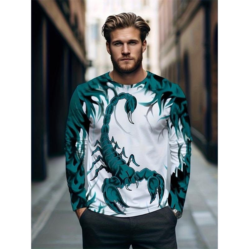 Уличная мода Мужская футболка с длинным рукавом с принтом скорпиона Осень Повседневная мужская футболка с длинным рукавом Верх для занятий спортом на открытом воздухе Мужской топ с длинным рукавом