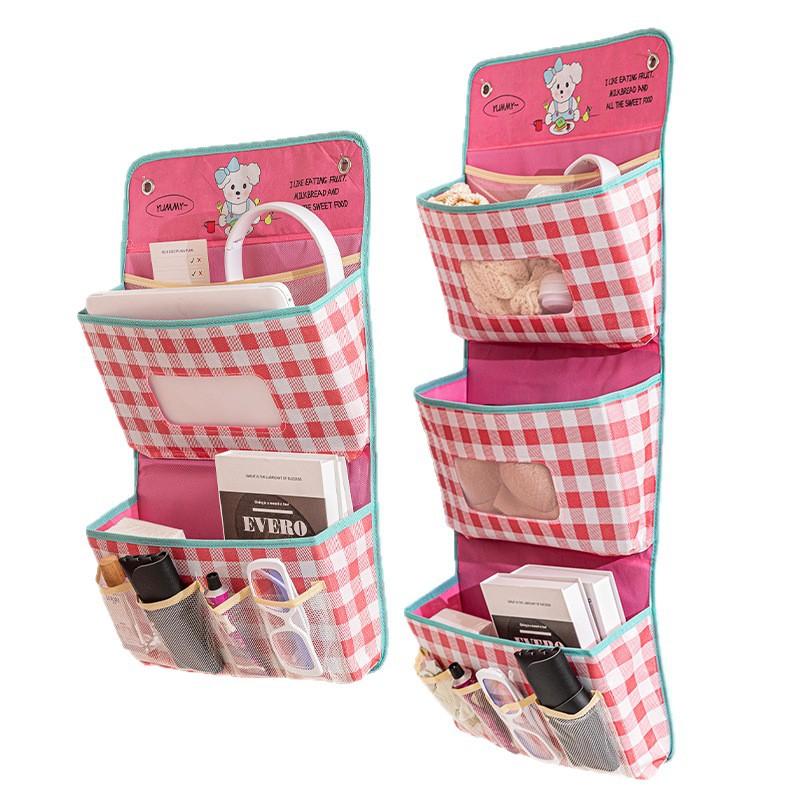 Nordic Lattice Multifunctional Bedroom Wall Storage Hanging Bag Organizer Bedside Door Multi-layer Hanging Storage Basket Fabric