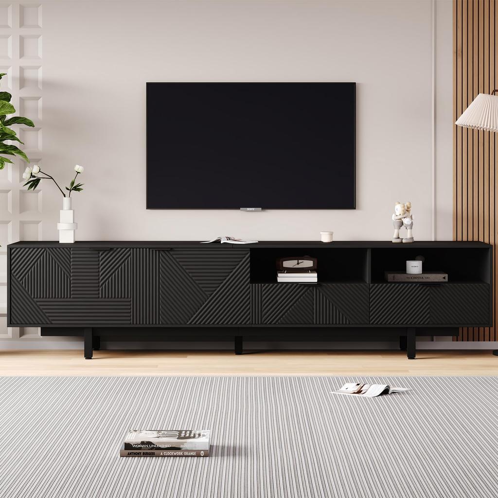 TV Schrank, 2 Fächern 2 Schublade Offenes Fach, Modern Lowboard 90 Zoll TV, böhmischer TV Board Sideboard Wohnzimmer & Esszimmer, Schwarz