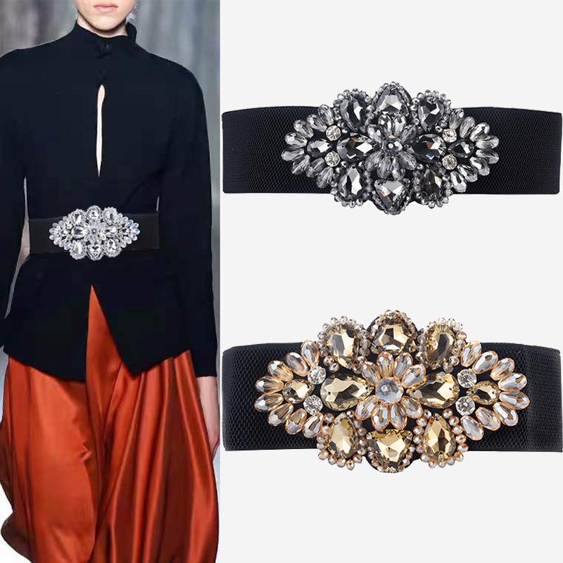 Meimeier Crystal rhinestone waist cincher with elastic wide waistband for dresses - formal dress decoration elastic belt