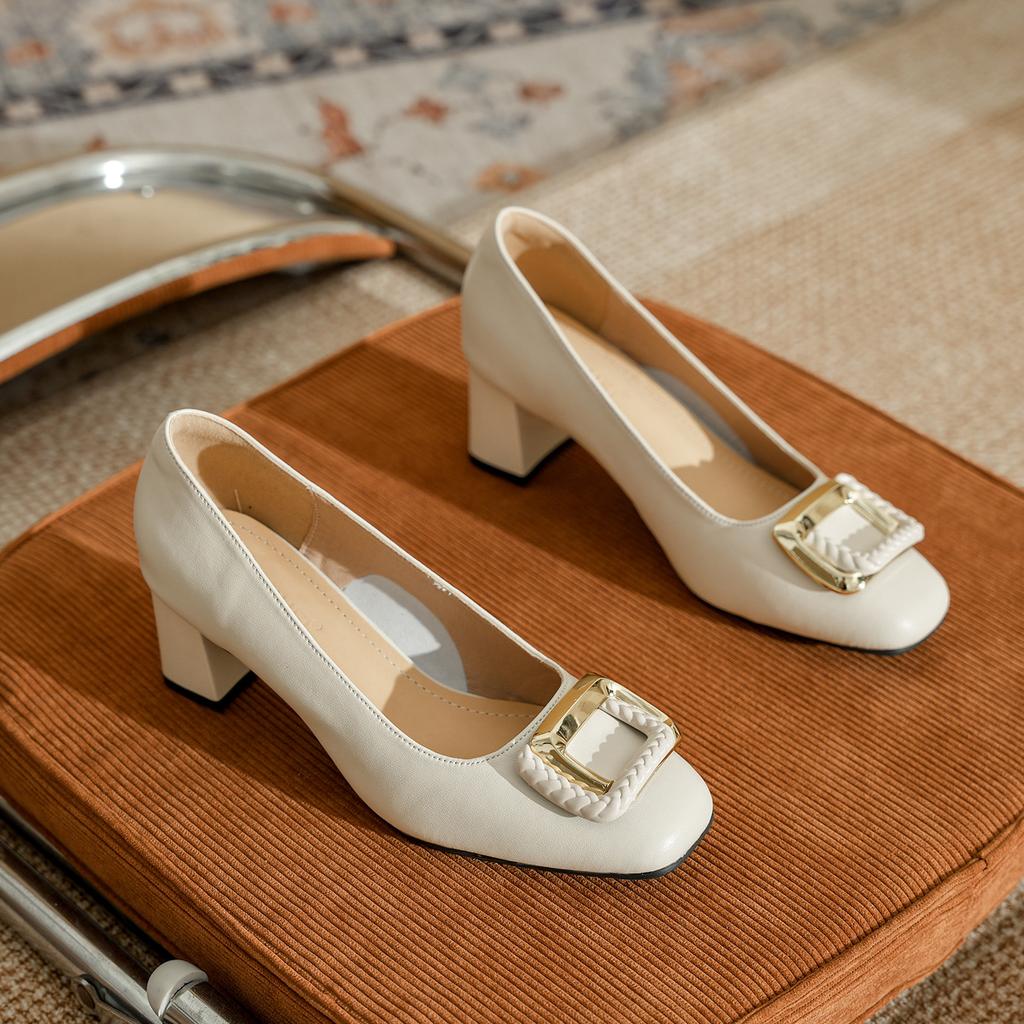 Leather Square Head French Thick Heel High Heels Women's Buckle Shallow Mouth Spring and Autumn Versatile Commute To Work Thick Low Heel Single Shoes