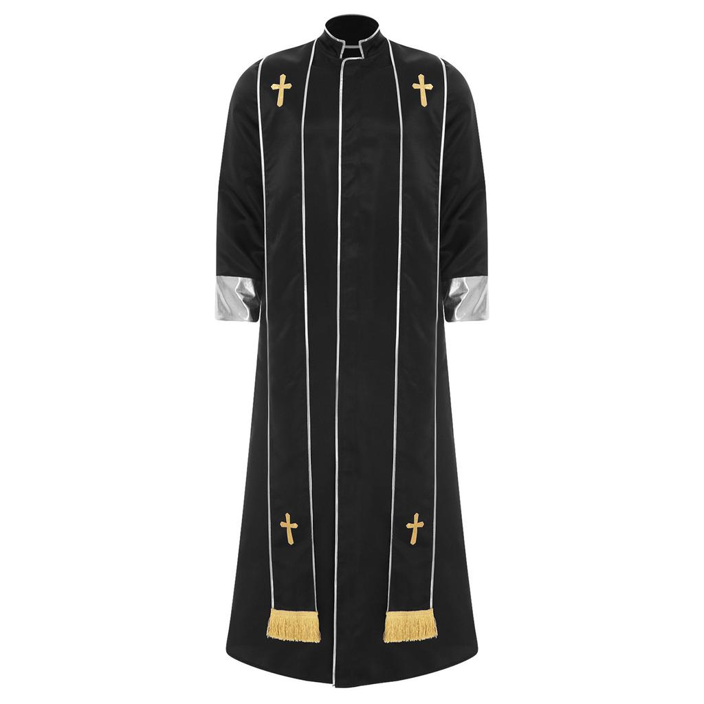 Mens Priest Robe Costume Stand Collar Long Sleeve Front Zip Design Gold Cross Cassock Catholic Halloween Cosplay Vestments