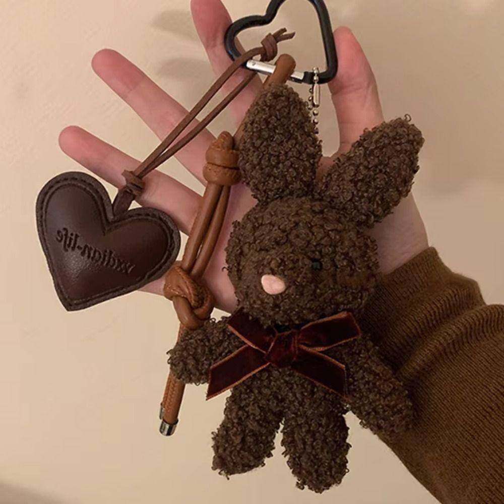 Cartoon Bunny Bow Key Chain Soft Plush Rabbit Doll Pendant Leather Heart Keyring Hanging Ornaments