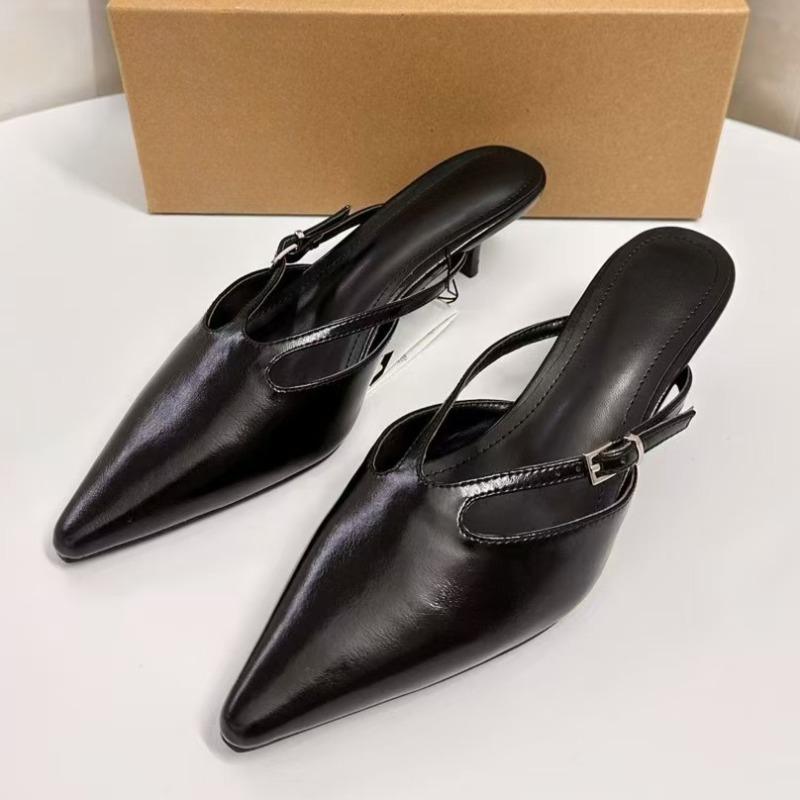 

Heels Women Mules Shoes Elegant Pointed Toe Zapatos Mujer Classic Narrow Band Casual Black Female Summer Sandals 42 чорний
